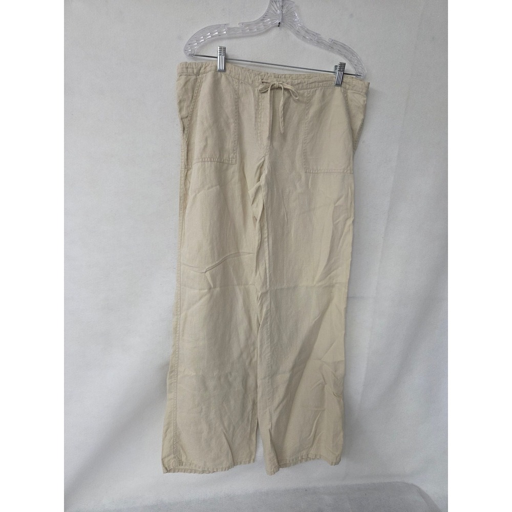 London Jean Chino 100% Linen Wide Leg Pants Beige Tan Drawstring Womens Medium